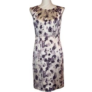 ANN TAYLOR Printed Sheath Silk Dress with Pleated Neckline in GRY/PUR/WHT Size 4